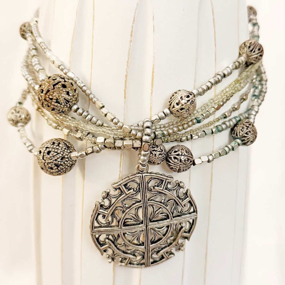 Vintage Inspired Silver Filigree Statement Necklace Multi-Strand Boho Medallion - Picture 3 of 8